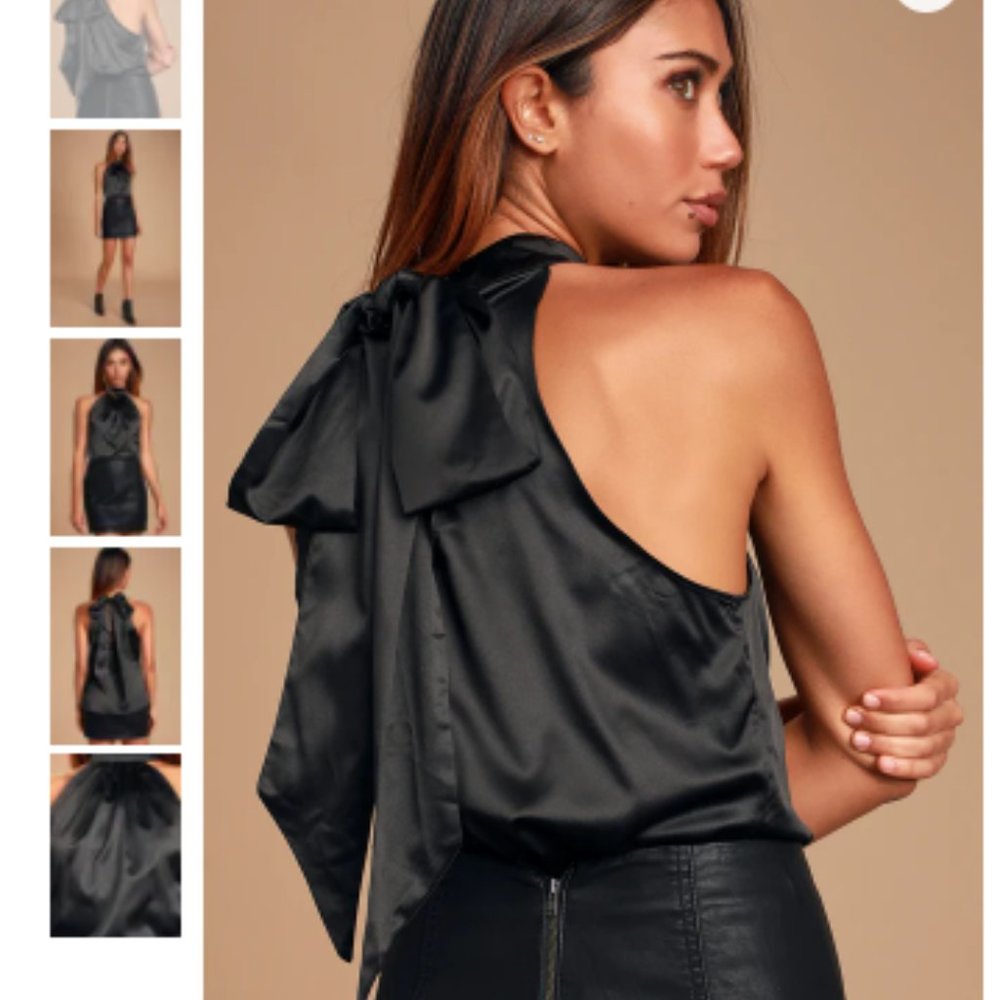 NWOT Lulu's Blissful Life Black Satin Tie-Back Sleeveless Top